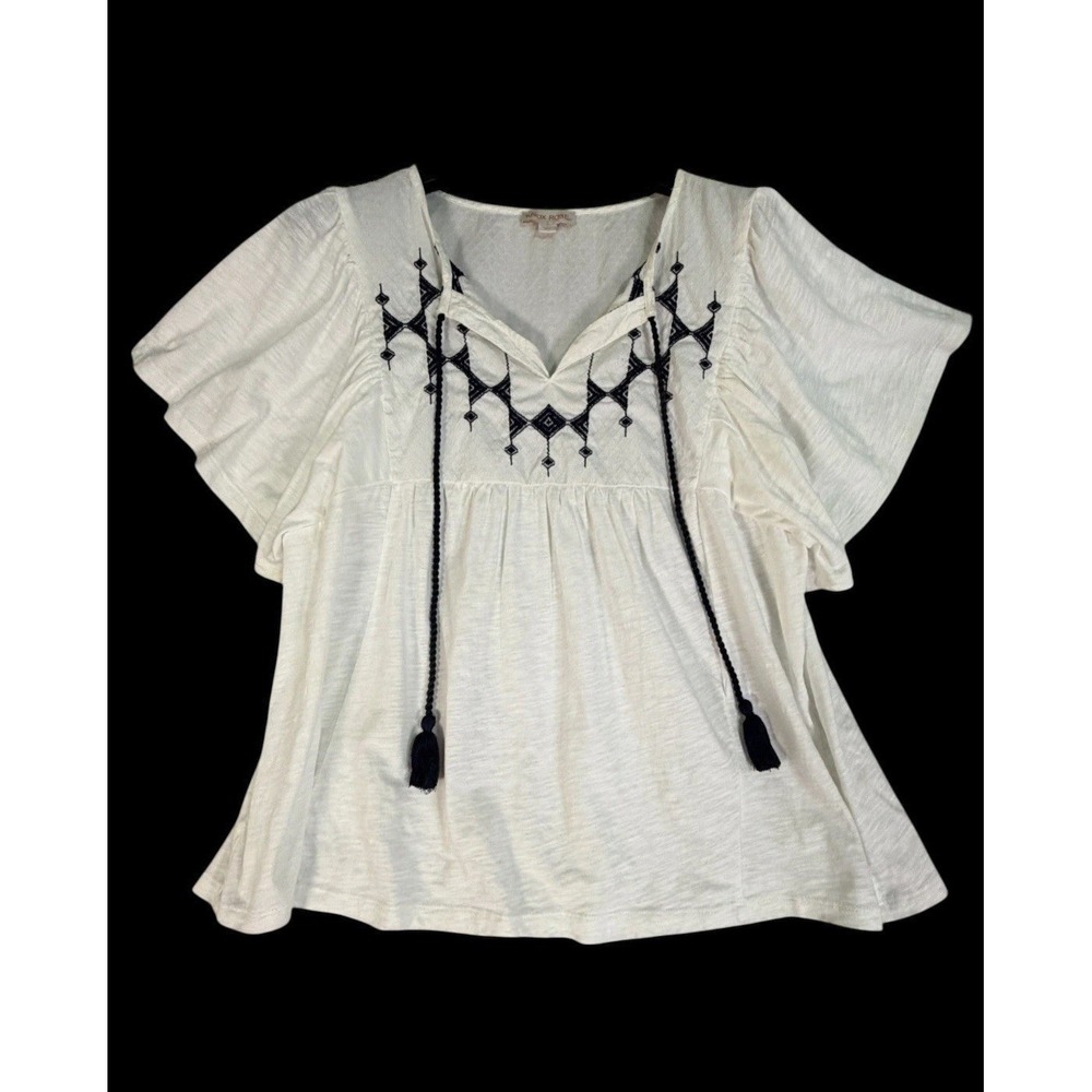 White Embroidered Navy Tassel V Neck Flutter Sleeve Tunic Top Women's Size L